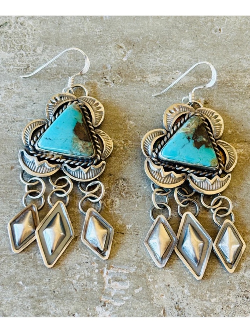 Navajo John Lucio Turquoise & Sterling Silver Dangle Earrings